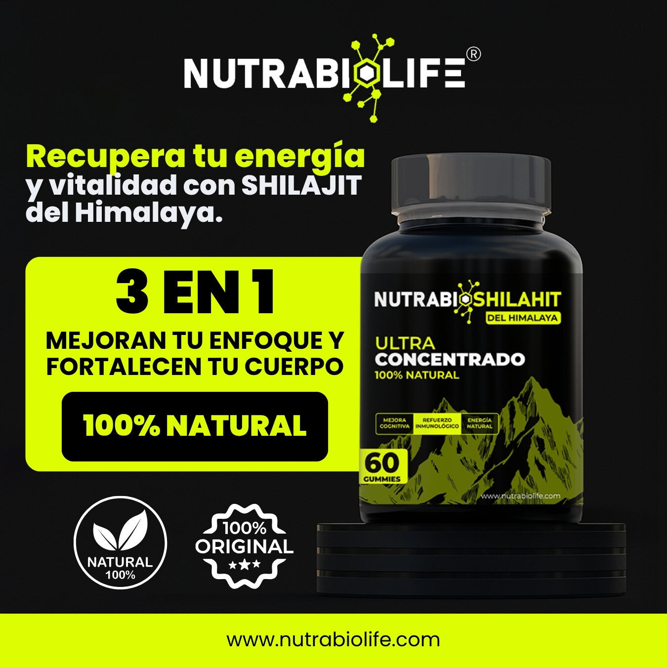 NutraBio Shilajit Gummies – Energía Natural, Vitalidad y Rendimiento Físico (60 Gummies)