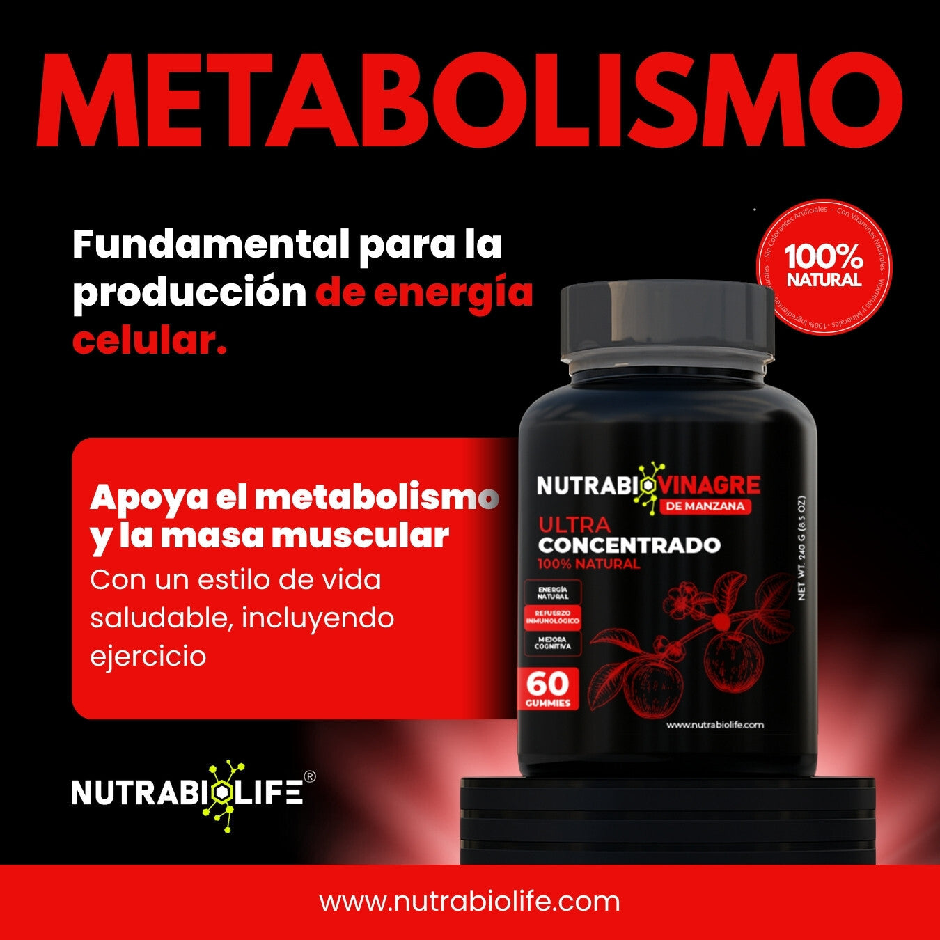 NutraBio Vinagre de Manzana Gummies – Apoya la Digestión, Detox y Energía Natural (60 Gummies)