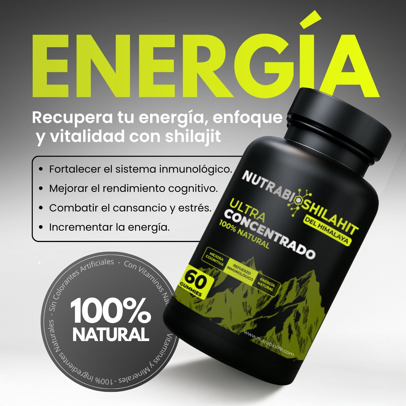 NutraBio Shilajit Gummies – Energía Natural, Vitalidad y Rendimiento Físico (60 Gummies)