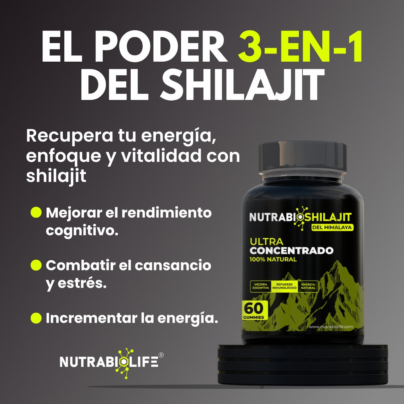 NutraBio Shilajit Gummies – Energía Natural, Vitalidad y Rendimiento Físico (60 Gummies)
